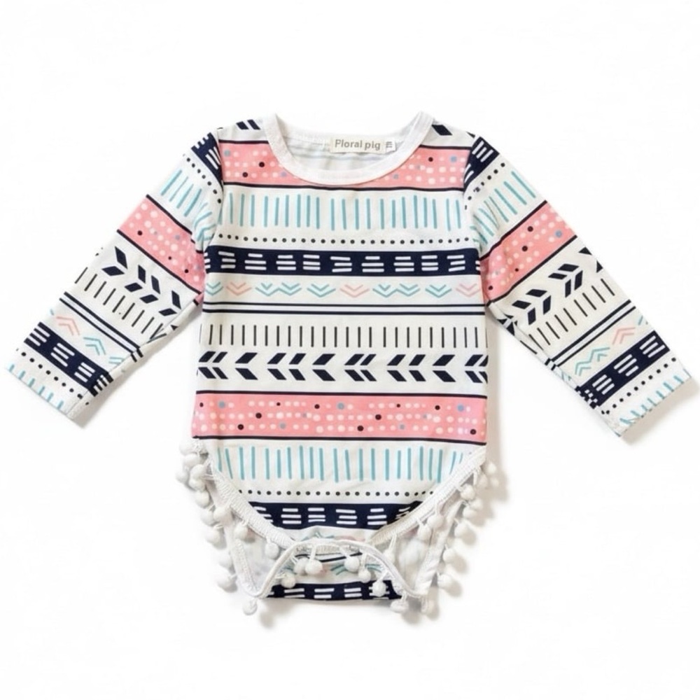Floral Pig Tribal Print Pom Pom Bodysuit Baby Girl 12-18M